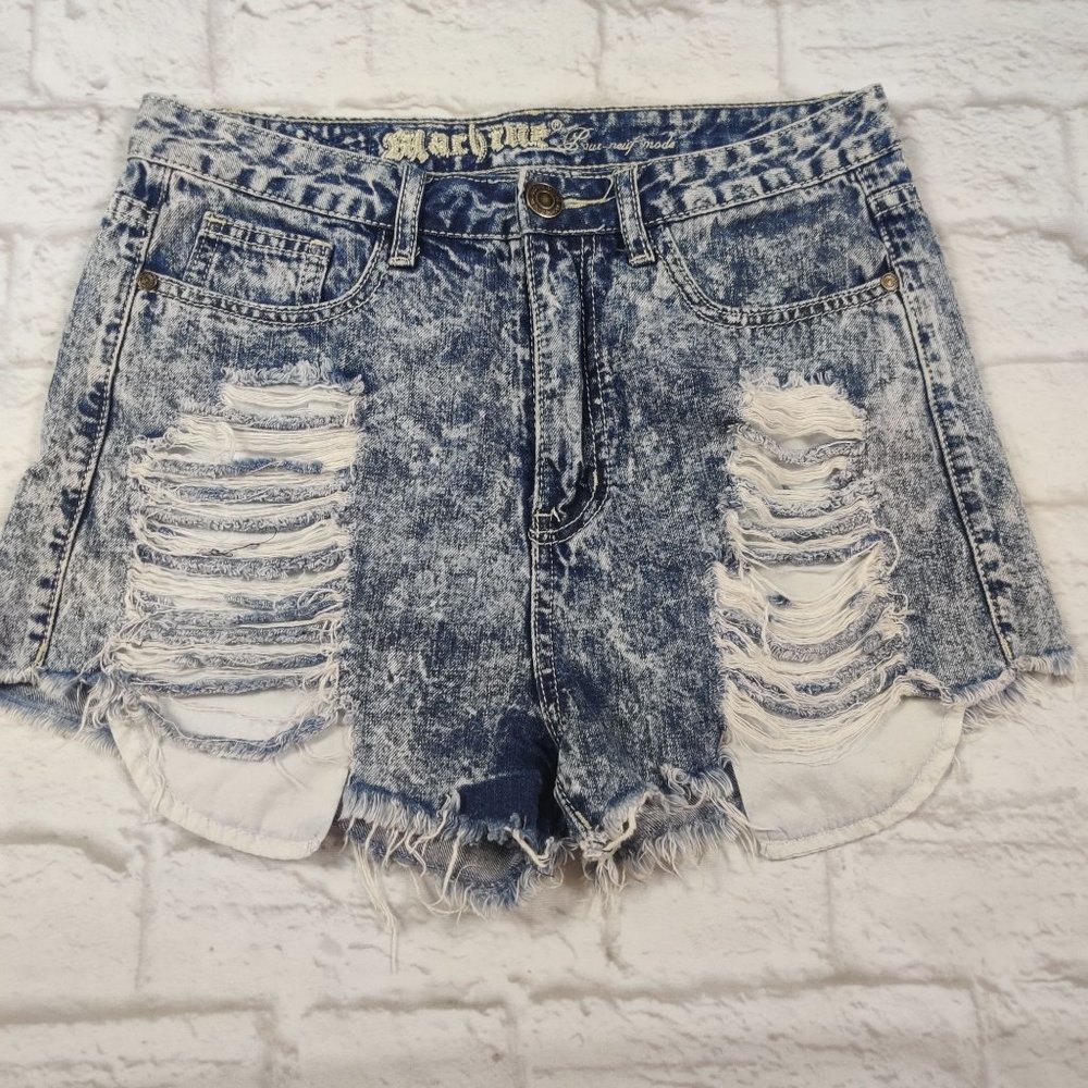 Machine pour neuf mode womens distressed booty mini acid wash denim retro sz 30